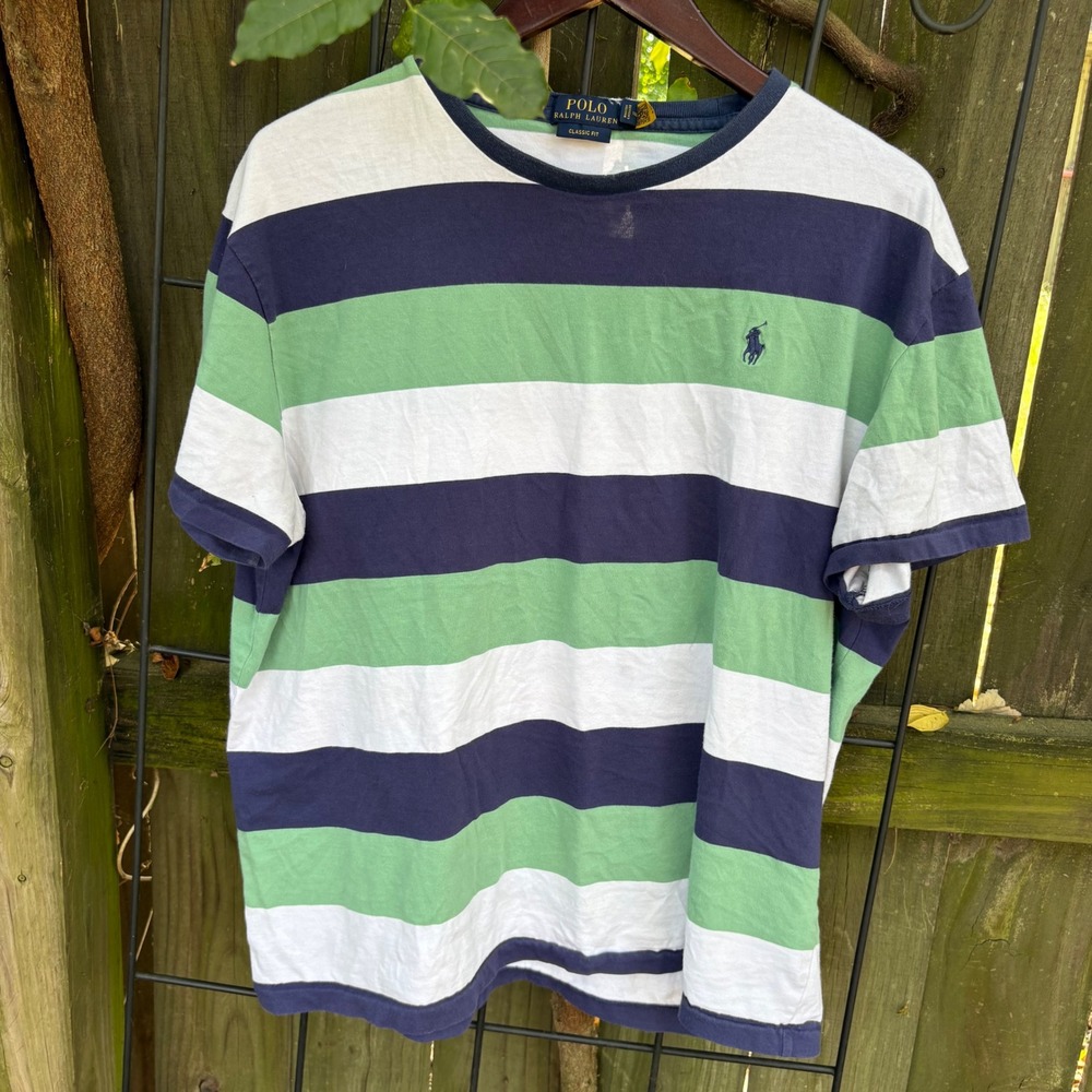 Polo Ralph Lauren Mens Large Classic Fit Striped T-Shirt Green Navy White Pony